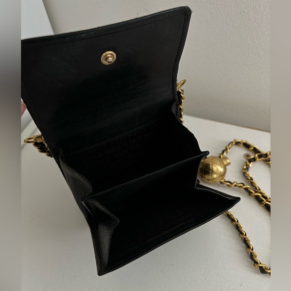 Chanel Camelia  Black VTG  Mini Trifold Wallet On A Chain Gold Adjustable Chain - Picture 7 of 13